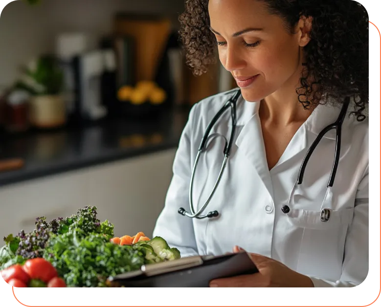 Nutricionista avaliando uma prancheta ao lado de vegetais frescos