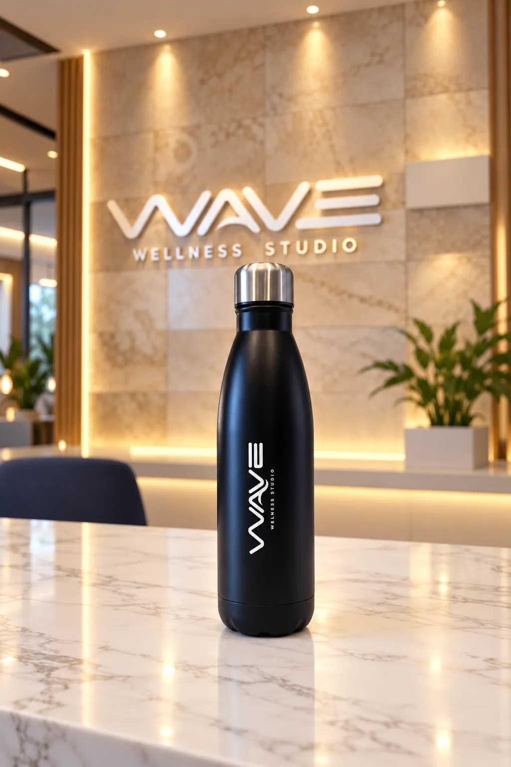 Garrafa térmica preta com o logo da Wave