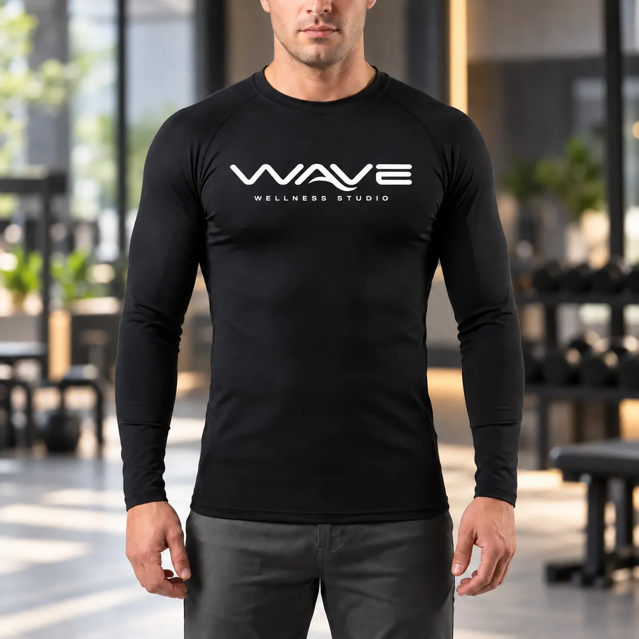 Rash guard preta de manga longa com o logo da Wave
